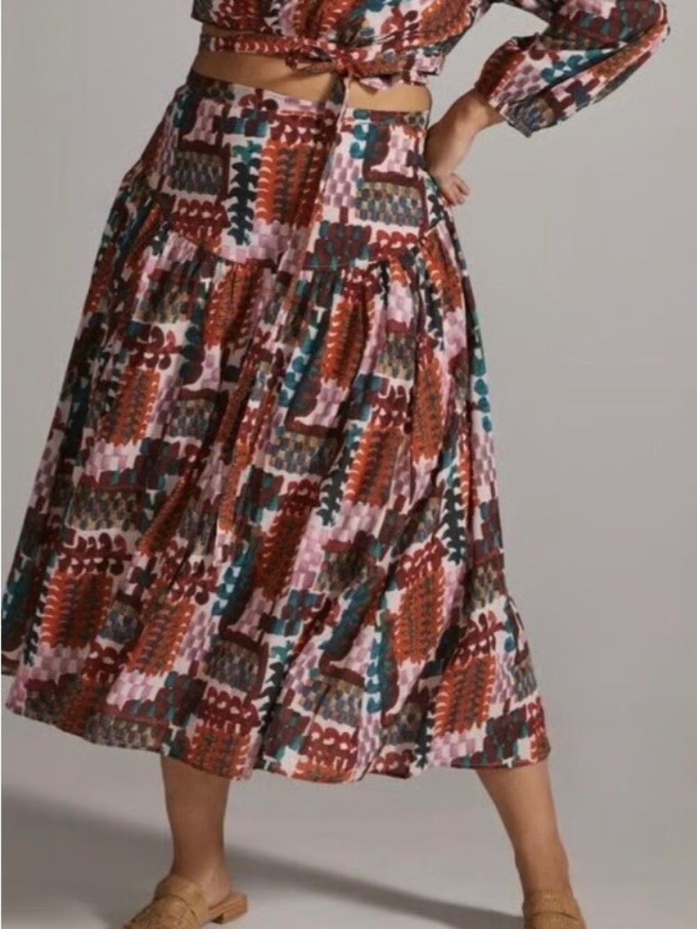 Anthropologie Patchwork-Print Maxi Skirt in Pink, Rust & Teal